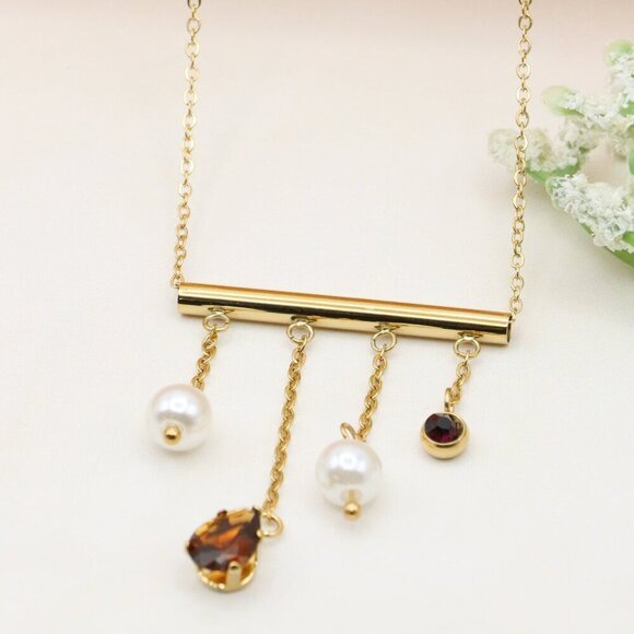 Yellow Gold Plated Pearl Drop Necklace with Crystal Charms, XPNL0361 - Picture 1 of 13